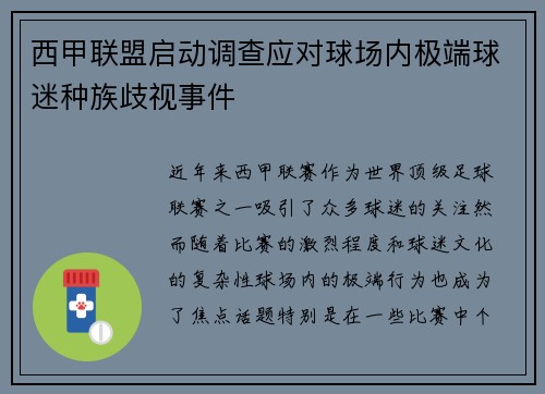 西甲联盟启动调查应对球场内极端球迷种族歧视事件